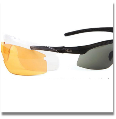 5.11 RAID SUNGLASSES

Half-jacket matte black frame, wide temple styling, 8-base smoke, amber and clear lenses, Includes Slickstick padded carry case, cleaning bag and retention strap